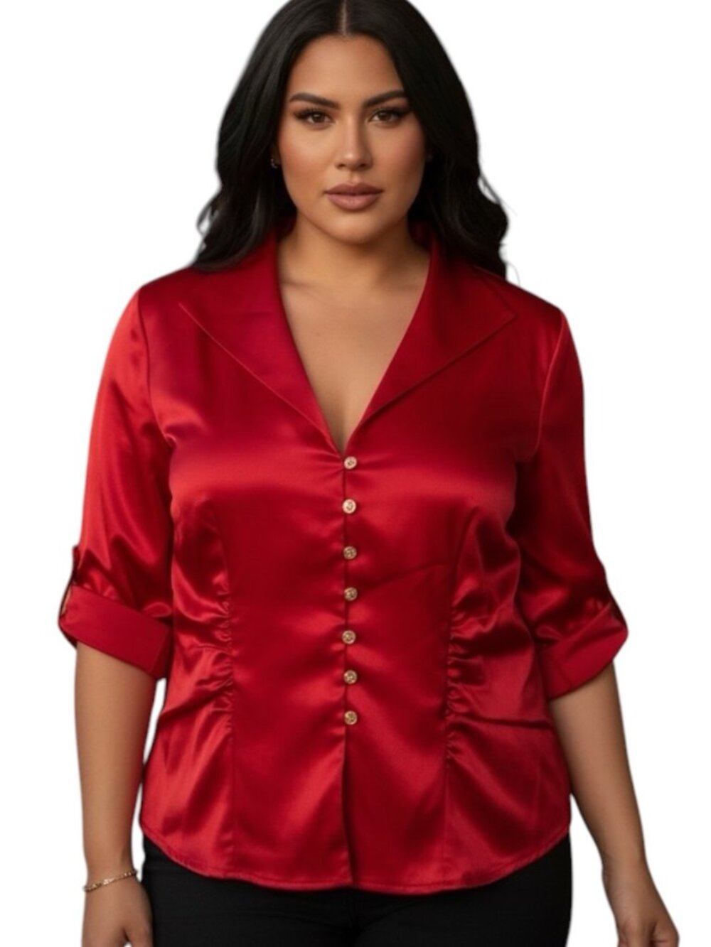 J.R. Nites Woman Red Satin Blouse Plus 14W Crystal Button Evening Formal Top